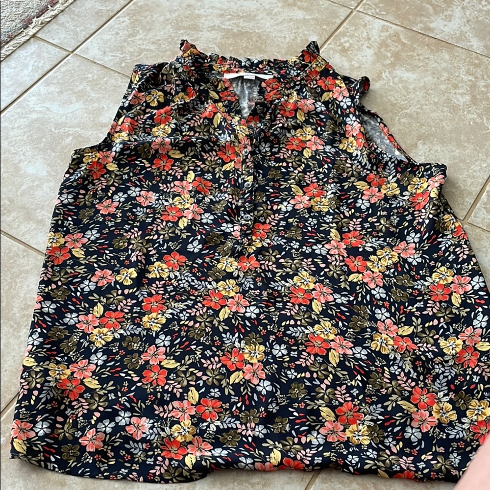 LOFT Orange Pink Ruffled Floral Blouse